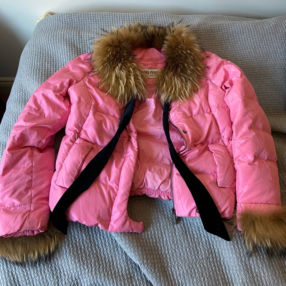 Pink miu miu puffer jacket with fox fur